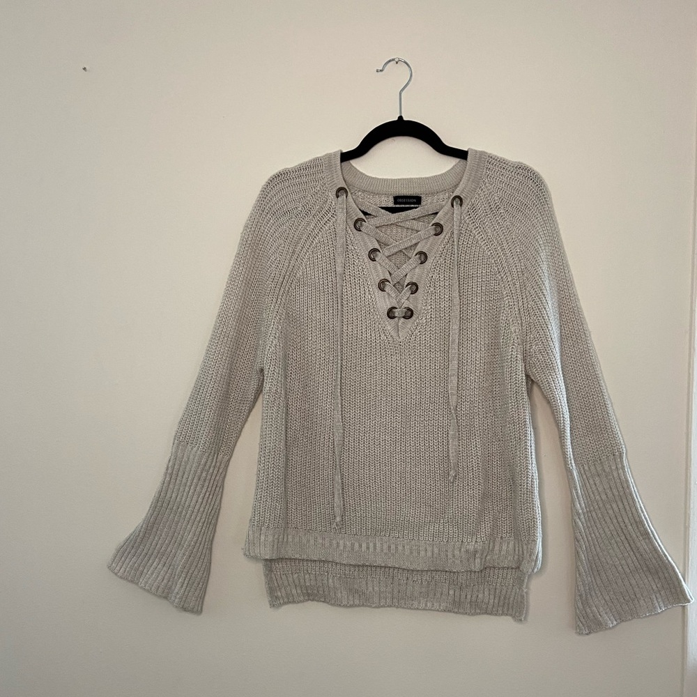 Beige lace up knit sweater